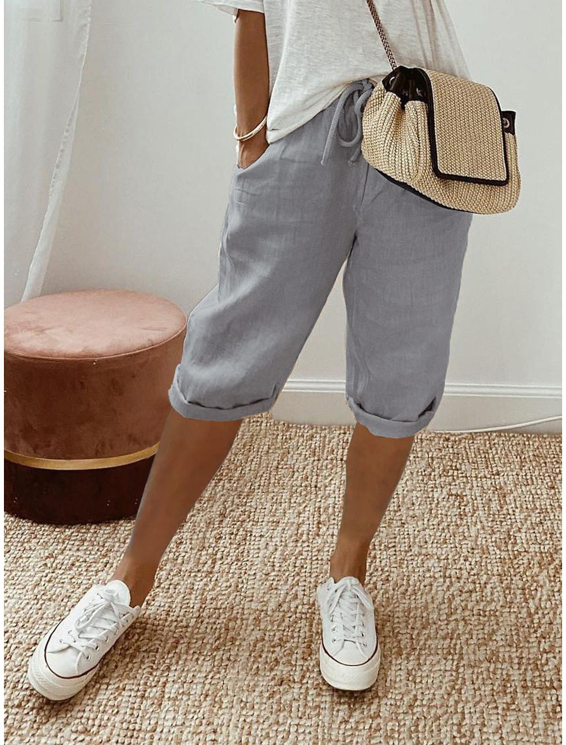 Pantaloni culotte in misto lino e cotone