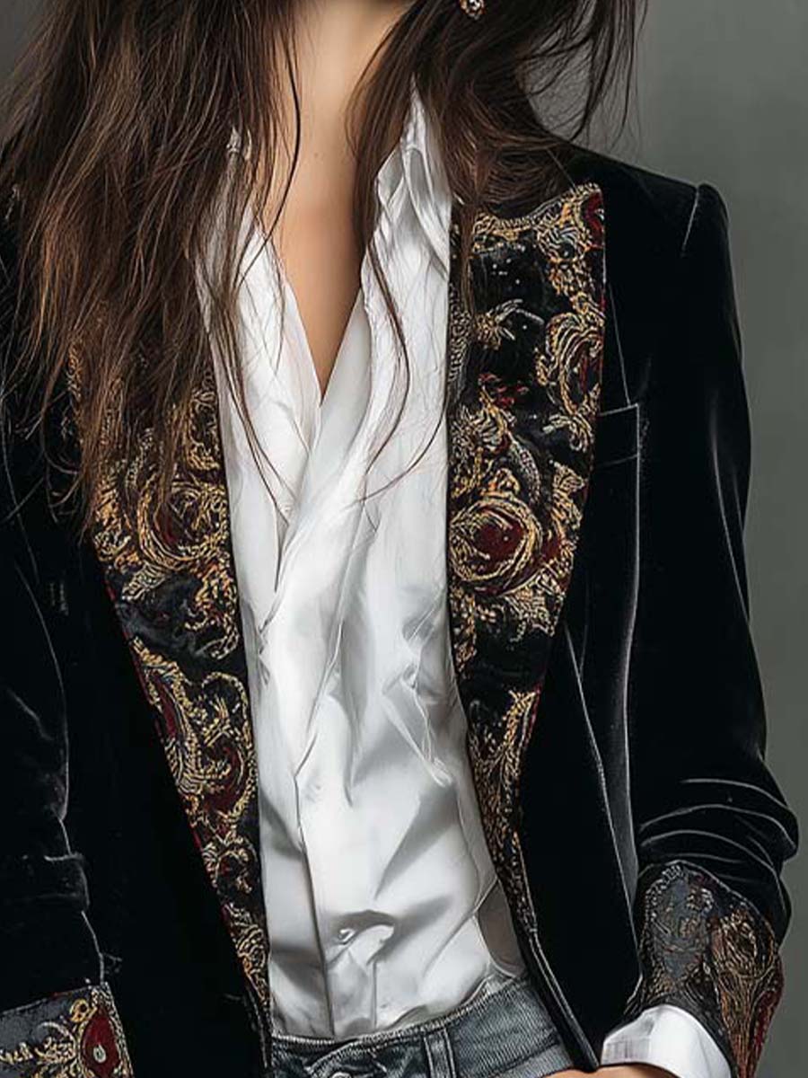 Blazer da Donna Slim Fit Nero con Revers e Stampa Barocca