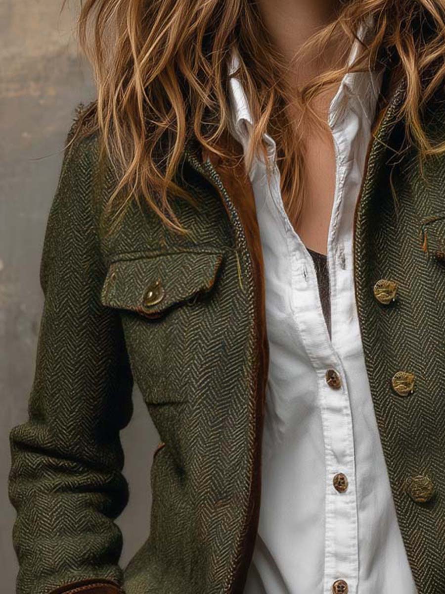 Blazer da Donna Vintage a Spina di Pesce con Bordi a Contrasto