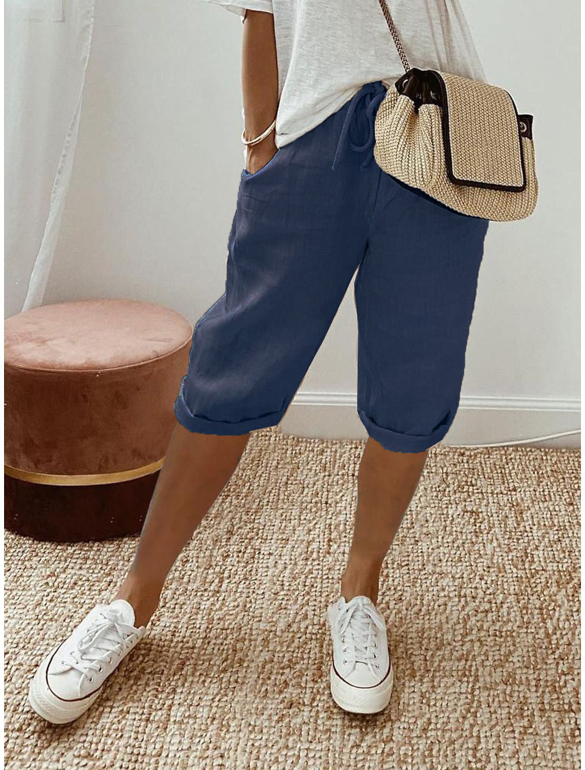 Pantaloni culotte in misto lino e cotone