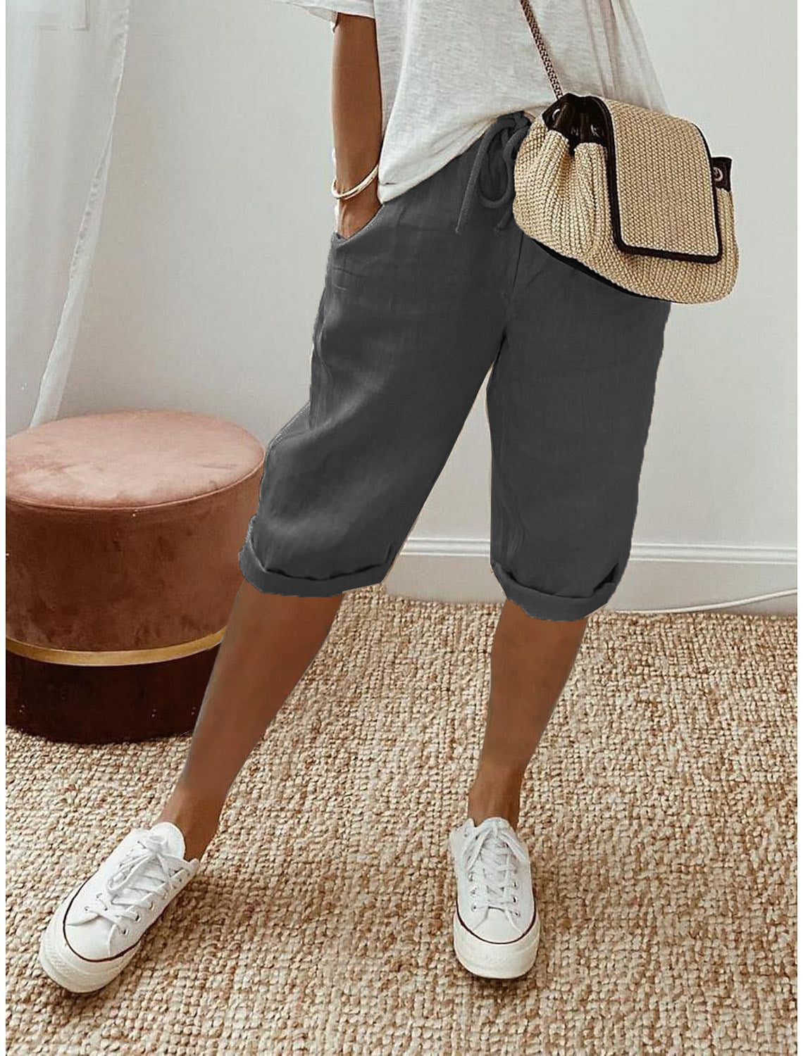 Pantaloni culotte in misto lino e cotone