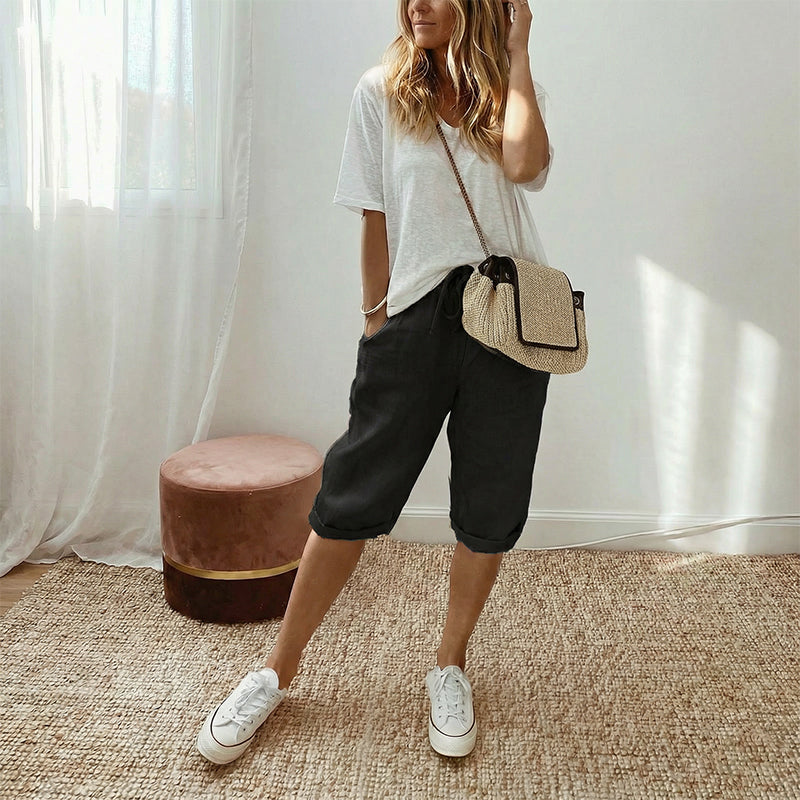 Pantaloni culotte in misto lino e cotone