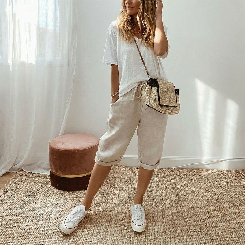 Pantaloni culotte in misto lino e cotone