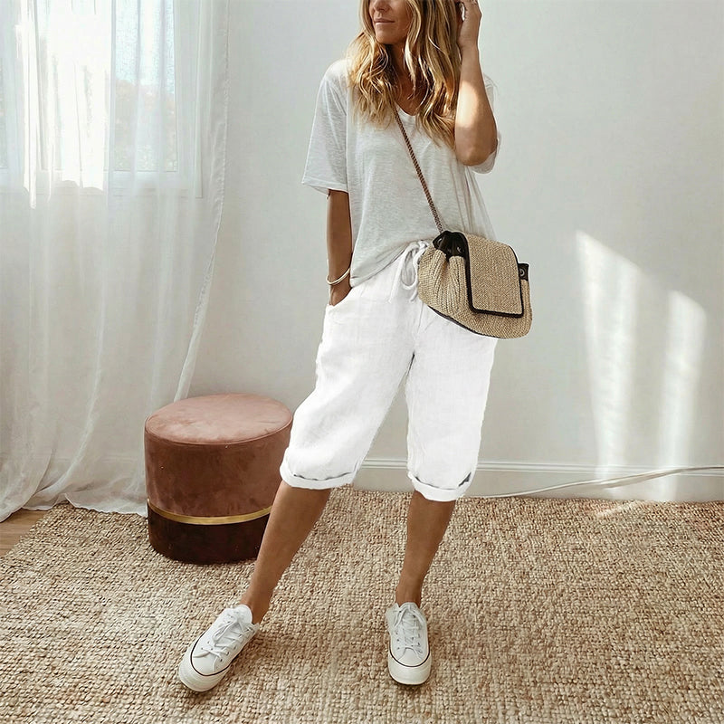 Pantaloni culotte in misto lino e cotone