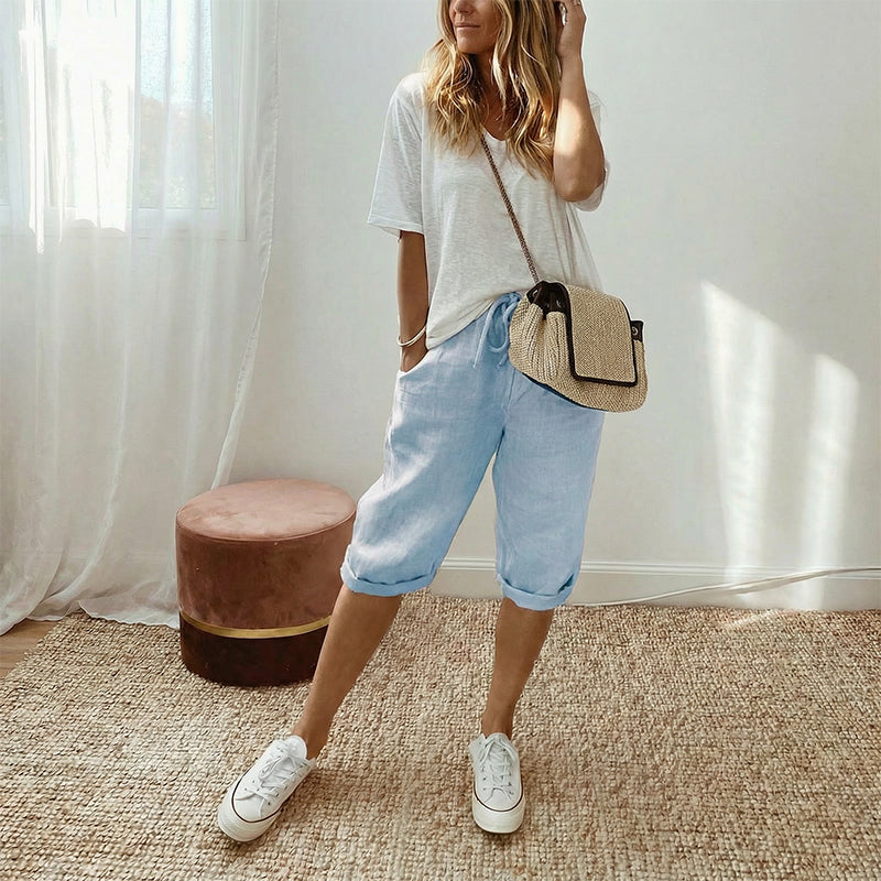 Pantaloni culotte in misto lino e cotone