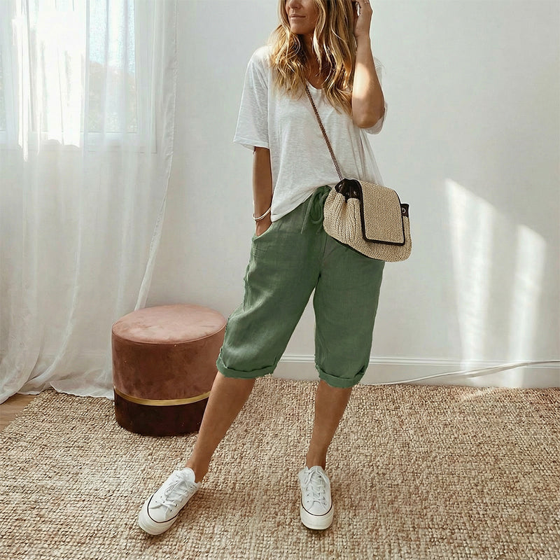 Pantaloni culotte in misto lino e cotone